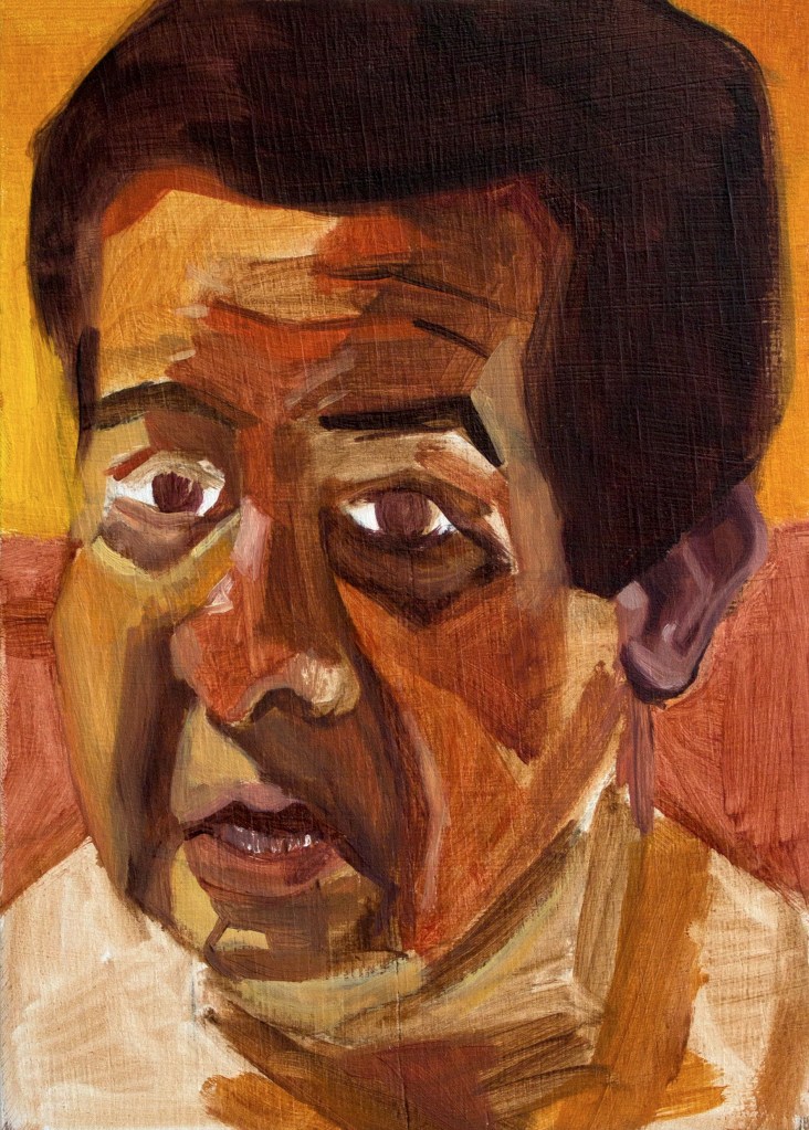 Photo of oil painting by Jason Mitchell, titled "Out to Lunch," with a closeup portrait of an adult.