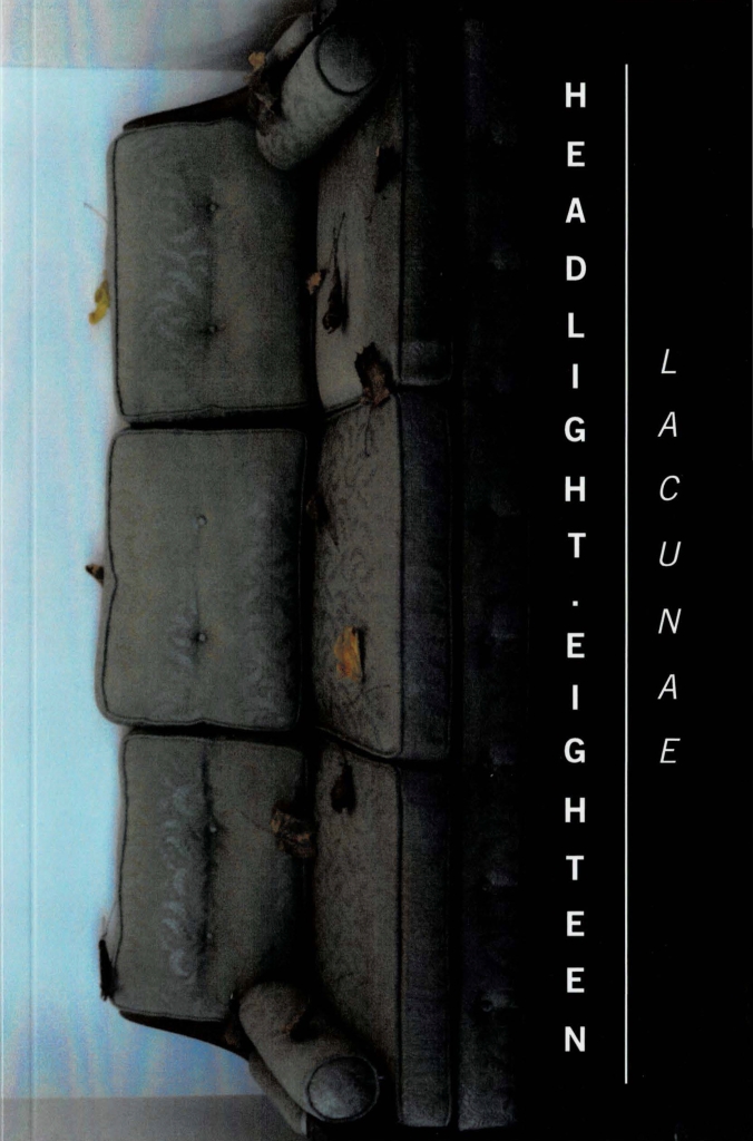 Cover of "Headlight Eighteen | Lacunae," with photo by Achaymaa Benabdeljalil, featuring a sideways sofa.